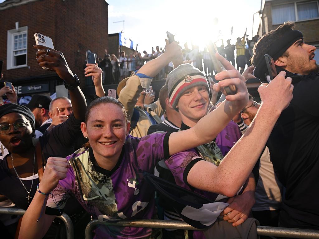 Fans celebrate Tottenham Hotspur’s victory over Manchester United to win their first major trophy in 17 years. Picture: Leon Neal / Getty Images