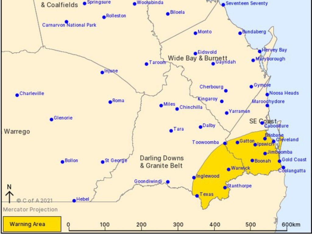 According to the Bureau of Meteorology, the heavy rain band has contracted to the eastern Darling Downs and Southeast Coast districts with the rain areas likely to contract further east later today.