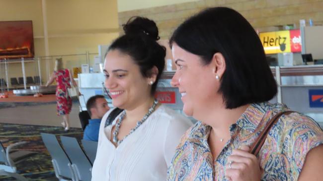 Youth Minister Lauren Moss and Chief Minister Natasha Fyles arrived in Alice Springs on Thursday morning for a caucus meeting. Picture: Annabel Bowles