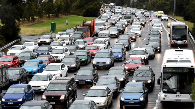 Buses in traffic gridlock on the Eastern Freeway.