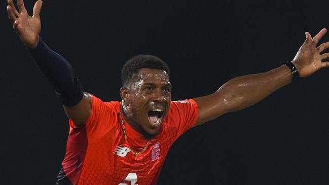 Sydney Thunder signing Chris Jordan celebrates taking a wicket for England in a T20 clash with Sri Lanka in October. Picture: AFP 