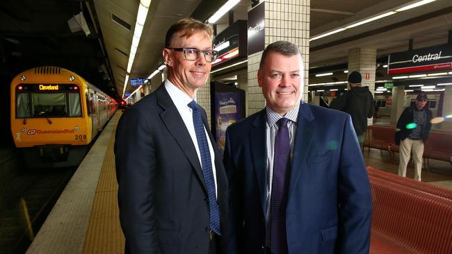 Queensland Rail chairman Phillip Strachan (left, with QR CEO Nick Easy) stood down on Thursday. File picture