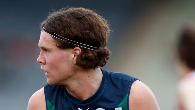 MELBOURNE, AUSTRALIA - APRIL 13: Harvey Langford of the AFL Academy in action during the 2024 AFL Academy match between the Marsh AFL National Academy Boys and Coburg Lions at Ikon Park on April 13, 2024 in Melbourne, Australia. (Photo by Michael Willson/AFL Photos via Getty Images)