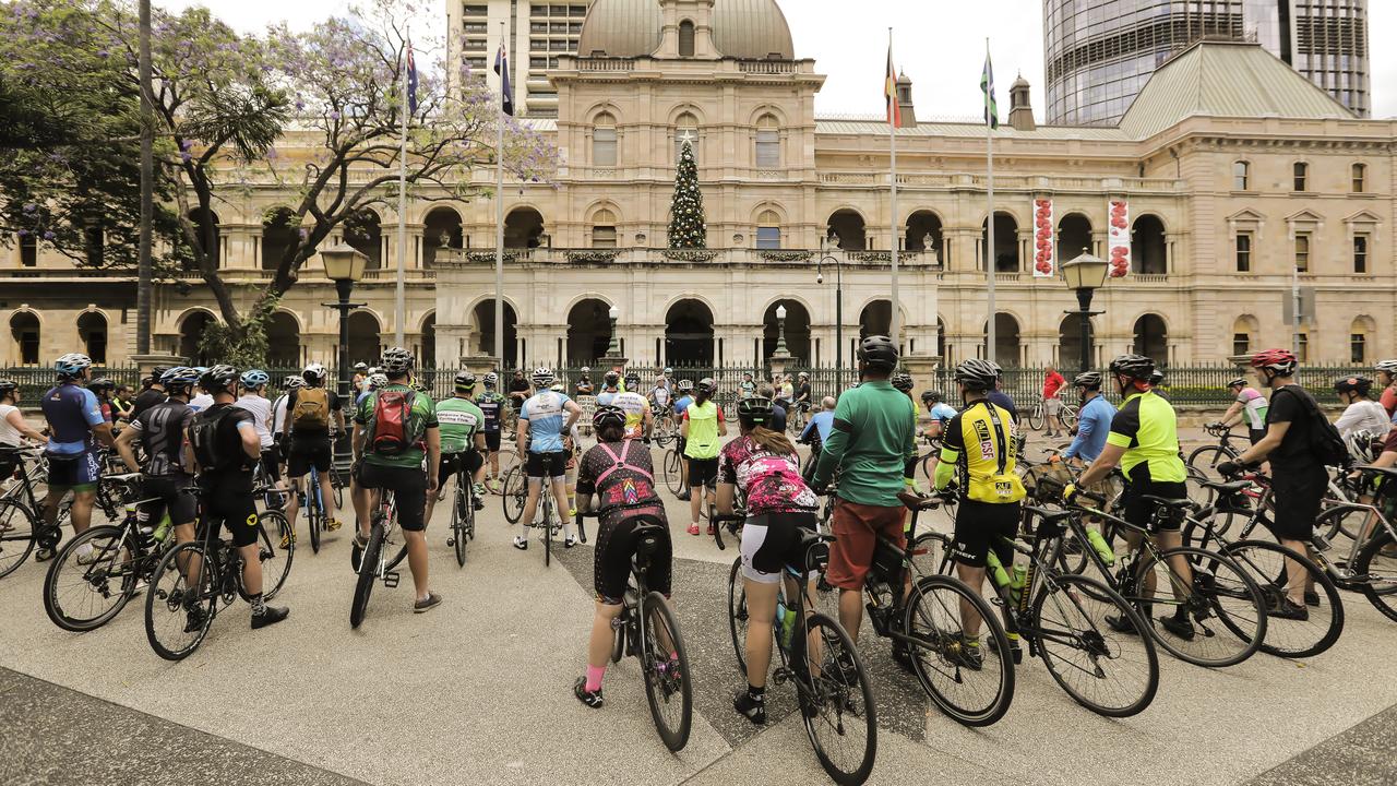 Members of the cycling community held the Ride of Silence on the weekend to honour Cameron Frewer in Brisbane. Picture: Mark Cranitch