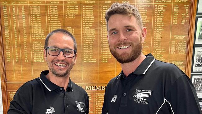 Payneham Norwood Union recruit Brad McKenzie (right) with Falcons coach Jeremy Cini. Picture: Payneham Norwood Union Football Club