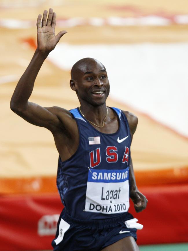 United States' Bernard Lagat celebrates winning the Men's 3000m race at the 13th IAAF World Indoor Athletics Championships in Sunday, March 14, 2010 in Doha, Qatar. . (AP Photo/Kamran Jebreili)