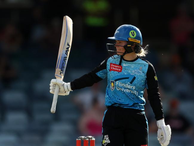 PERTH, AUSTRALIA - NOVEMBER 03: Katie Mack of the Strikers celebrates after reaching her half century during the WBBL match between Adelaide Strikers and Sydney Sixers at WACA, on November 03, 2023, in Perth, Australia. (Photo by Will Russell/Getty Images)