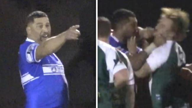 John Hopoate threatens an opponent (L) after coward-punching him in a confrontation