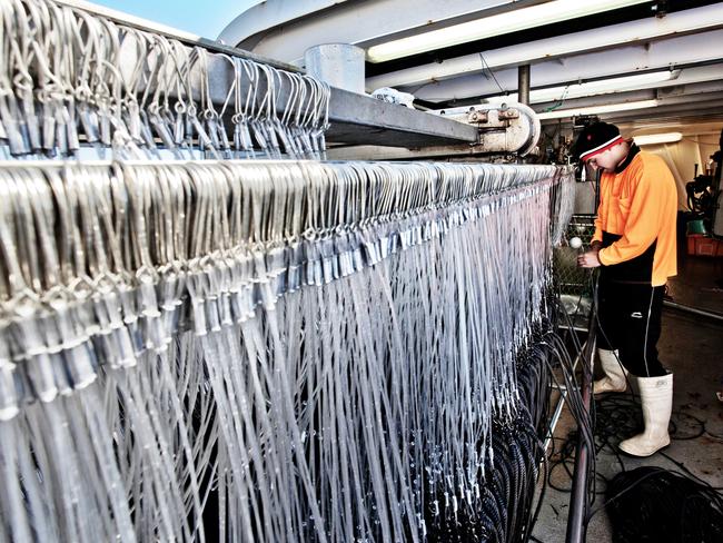 A Portrait of Australia: The best stories from 30 years of Australian Geographic. Up to 7500 baited hooks, attached to longlines, get shot out and hauled back in each day. Every one of them has to be straightened or replaced before the next run. Brent ‘Lakey’ Carney is hard at work to make sure the hooks are ready to go. Photo by Dean Saffron.