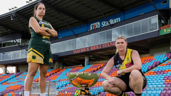 Nikita Long of St Mary's and Hannah Turnbull of the Nightcliff Tigers ahead of the 2024-25 NTFL grand final. Picture: Pema Tamang Pakhrin