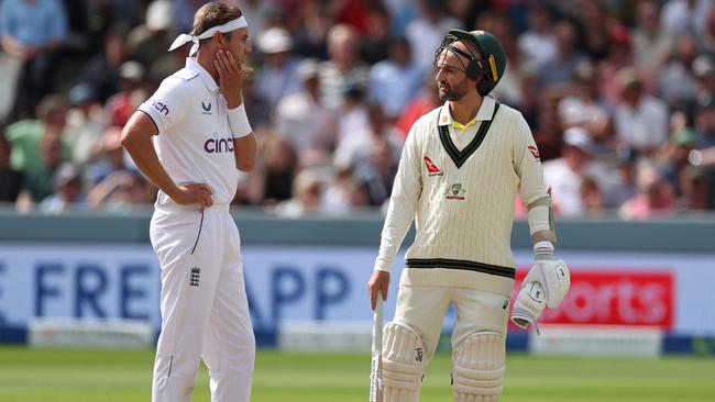 Lyon chats with Stuart Broad in the middle of the pitch. Picture: Getty Images