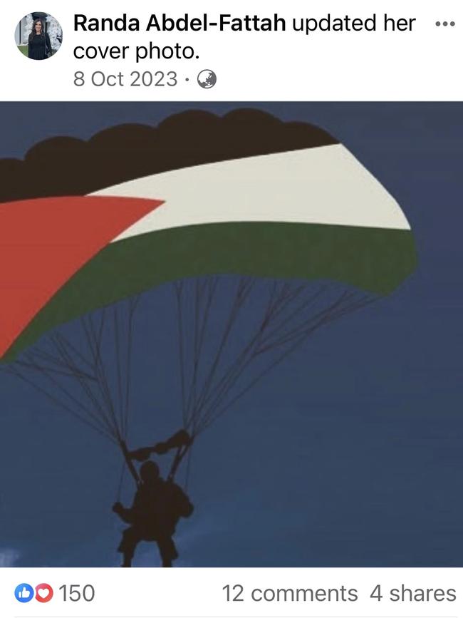 Academic Dr Randa Abel-Fattah updated her Facebook profile with the image of a parachutist in the colours of the Palestinian flag, a day after Hamas terrorists parachuted into Israel to murder and kidnap hundreds of civilians.