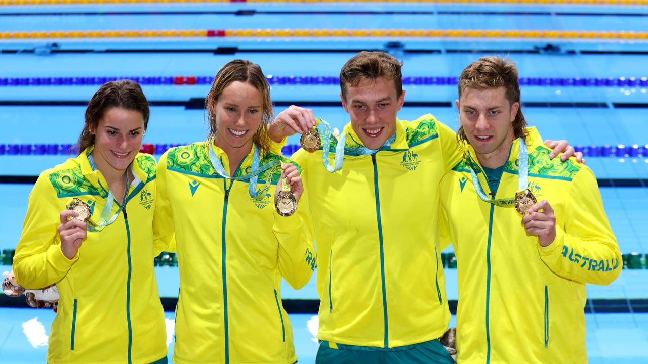 Kaylee McKeown, Zac Stubblety-Cook, Matthew Temple and Emma McKeon celebrate the mixed medly relay. Picture: Clive Brunskill/Getty Images