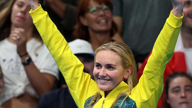 NCA. PARIS FRANCE 2024 OLYMPIC GAMES. August 3- Day 8Ariarne Titmus wins silver with Paige Madden and Katie Ledecky during the Final of the Womens 4800m Freestyle at the Paris La Defense Arena  Picture: Adam Head