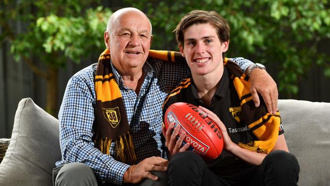 SA product Will Day, pictured with grandpa Robert Day, was taken in the first round of last year’s AFL draft by Hawthorn after a big under-18 year. Picture: AAP/Keryn Stevens