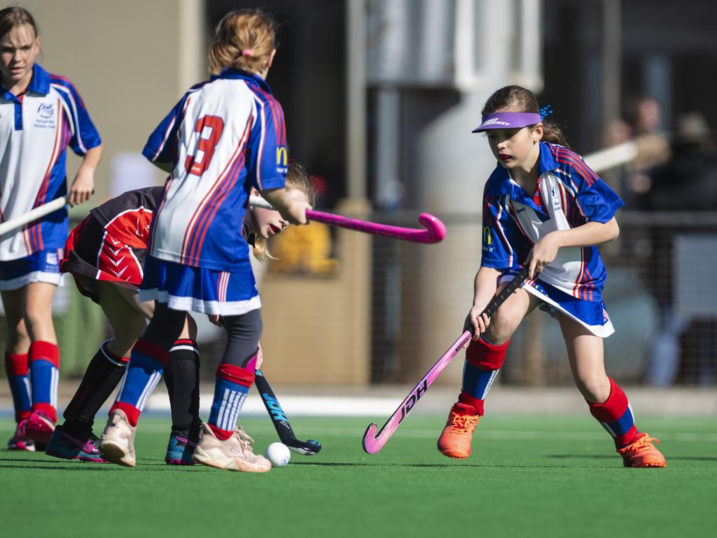 Isla Fea of Rangeville against Past High in under-11 girls Presidents Cup hockey at Clyde Park, Saturday, May 27, 2023. Picture: Kevin Farmer