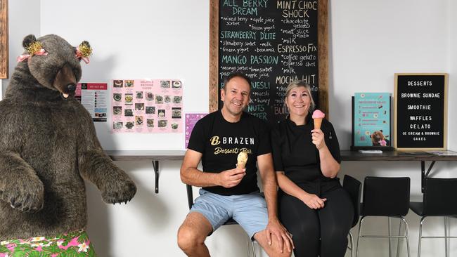 Number 5: Brazen Dessert Bar owners George Kalpakis and Caroline Kropack, with one of their bear mascots. Picture: Penny Stephens