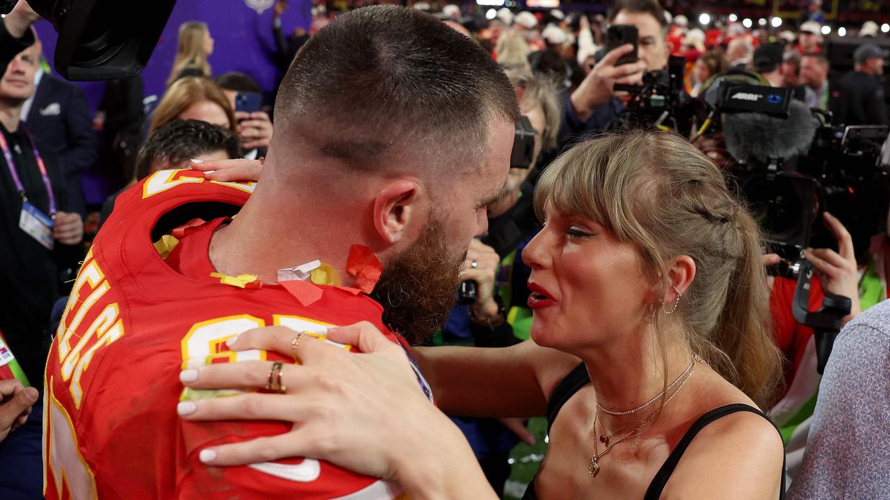 Swift and Kelce after the Super Bowl. Photo: Ezra Shaw/Getty Images/AFP