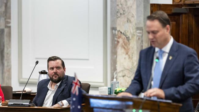 Cr Jared Cassidy watches on as Brisbane Lord Mayor Adrian Schrinner presents the Brisbane City Council 2024-2025 Annual Plan and Budget to councilon June 12. Picture: Richard Walker