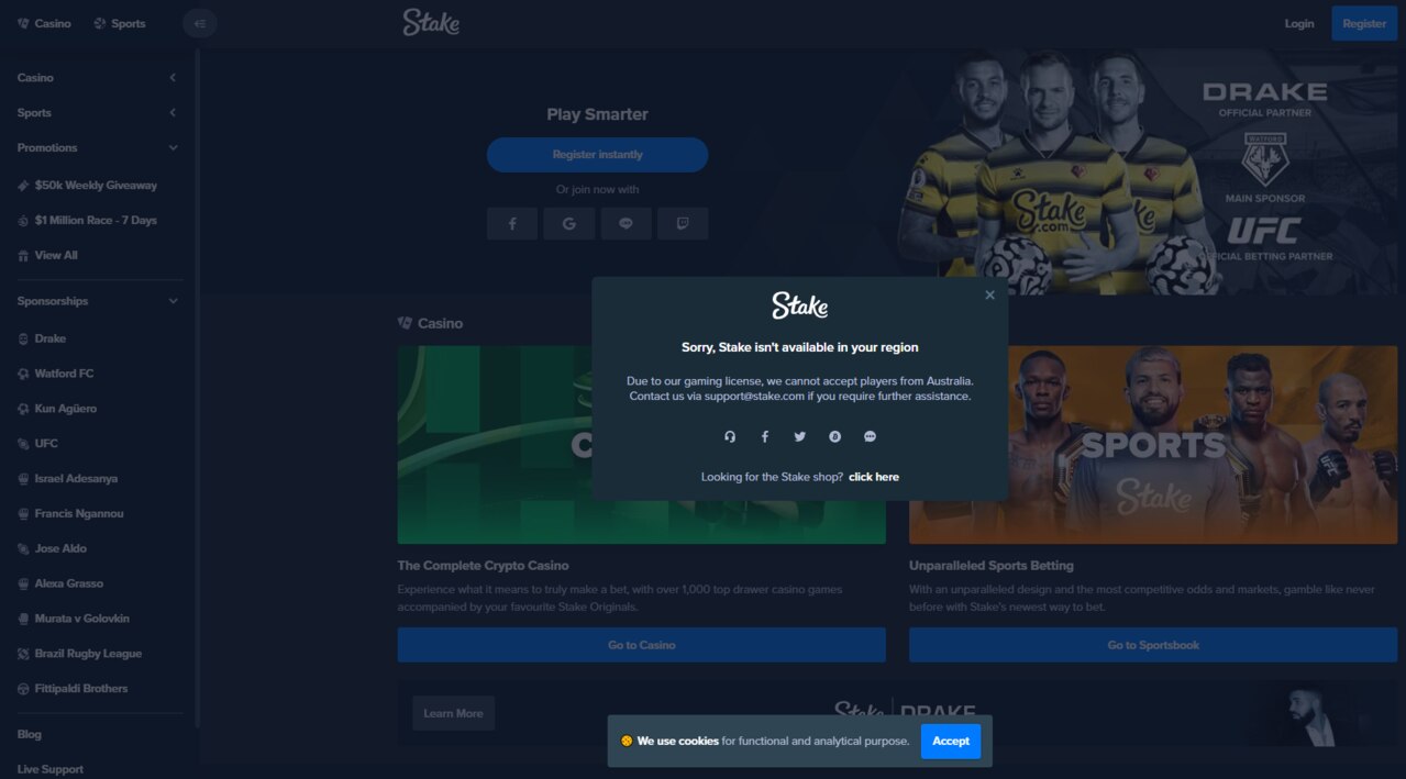 Australian-owned Stake.com, which describes itself as 'a cryptocurrency friendly online casino which provides sports betting'. Picture: Screenshot