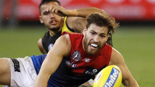 Jack Viney had scans on an injured shoulder following a bruising bump from Sydney Stack. Picture: AFL Photos