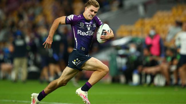 Ryan Papenhuyzen of the Melbourne Storm runs in for a try during the NRL qualifying final match against the Parramatta Eels at Suncorp Stadium on Saturday. Picture: Jono Searle/Getty Images