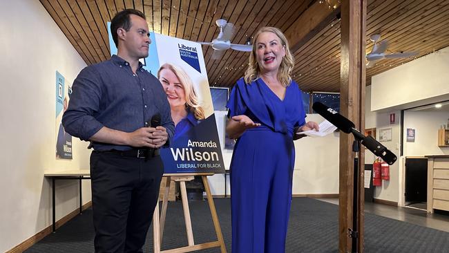 Liberal candidate for Black Amanda Wilson concedes the by-election triggered by David Speirs resigning from parliament. Pictured with Opposition leader Vincent Tarzia. November 16, 2024. Picture: Kathryn Bermingham