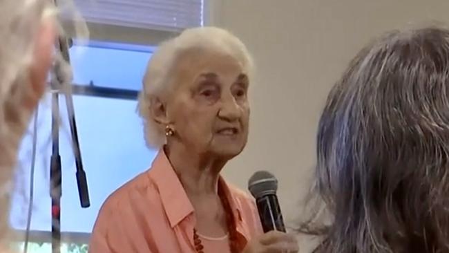 Resident of Byron Bay's Feros Village Kate Smorti, 95, at Marvell Hall in Byron Bay on March 12, 2023 speaking against the closure of the facility. Pictures: Jacqui Walsh.