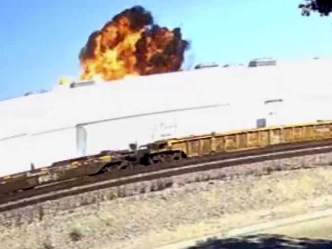 This image taken from video, shows an explosive fire as a small plane crashes into a commercial building in Fullerton, Calif. on Thursday, Jan. 2, 2025. (RUCCI FORGED via AP)