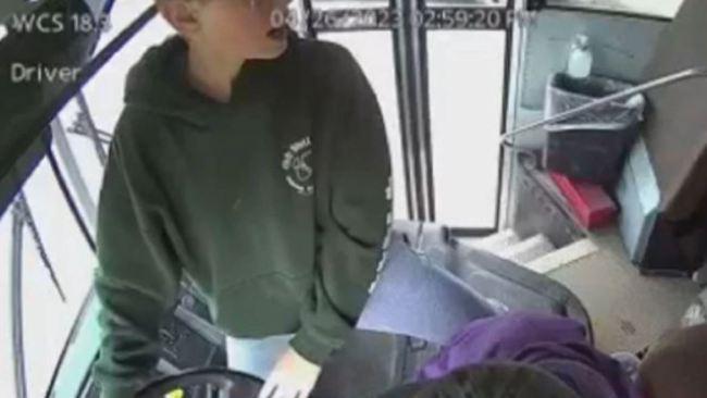 Dillon Reeves is seen grabbing the steering wheel of the bus on Wednesday, April 26, in Warren, Michigan. Picture: WJBK