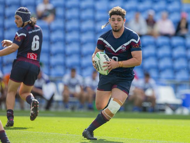 The Grand Final of the Qld schoolboys rugby league competition with Ipswich SHS (Dark blue jersey) playing against Ignatius Park College (white/blue jersey) in the Phil Hall Cup grand final at Cbus Super Stadium on 31 August 2022. Ipswich SHS's Jack Laing in action. Picture: Jerad Williams