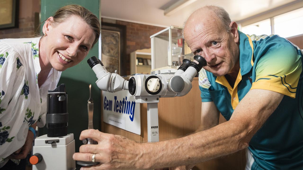 Wanita Judge has a stone she fossicked identified as a Zircon by Rod Brightman at Gemfest hosted by Toowoomba Lapidary Club at Centenary Heights State High School, Saturday, October 21, 2023. Picture: Kevin Farmer