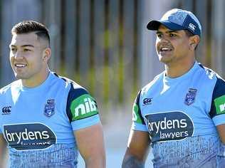 AT TRAINING: NSW Blues players Nik Cotric and Latrell Mitchell. Picture: DAN HIMBRECHTS