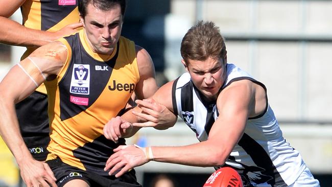 Jaryd Cachia battles with Rupert Wills in the VFL. Picture: Kylie Else