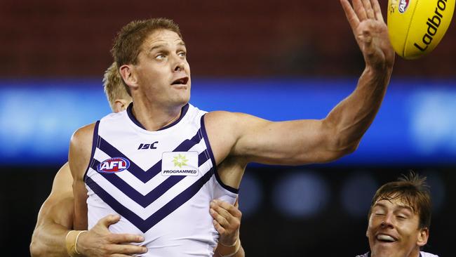 AFL Round 19. St Kilda vs Fremantle at Etihad Stadium. Aaron Sandilands win another tap. Pic: Michael Klein