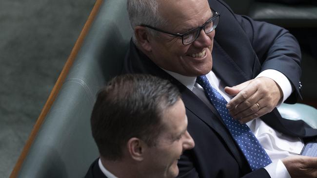 CANBERRA, AUSTRALIA - NewsWire Photos NOVEMBER 29, 2022: Alex Hawke with former PM Scott Morrison during Question Time in the House of Representatives in Parliament House in Canberra.Picture: NCA NewsWire / Gary Ramage