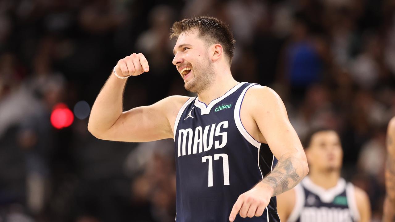 SAN ANTONIO, TEXAS - OCTOBER 25: Luka Doncic #77 of the Dallas Mavericks reacts after a 126-119 victory against the San Antonio Spurs at Frost Bank Center on October 25, 2023 in San Antonio, Texas. NOTE TO USER: User expressly acknowledges and agrees that, by downloading and/or using this Photograph, user is consenting to the terms and conditions of the Getty Images License Agreement. (Photo by Christian Petersen/Getty Images)