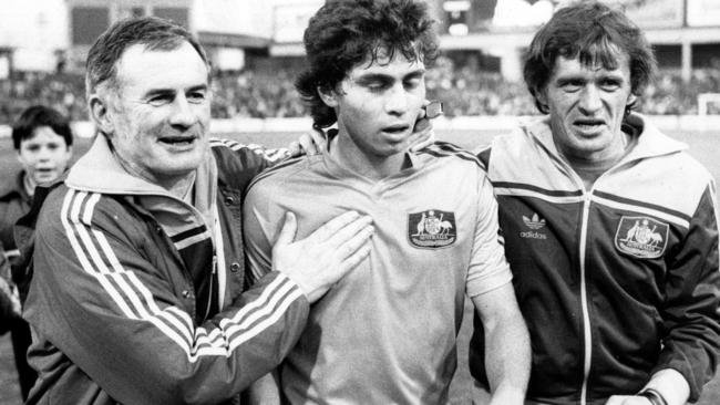Arok (left) with Frank Farina (centre) after a game against Juventus at the SCG in 1984.