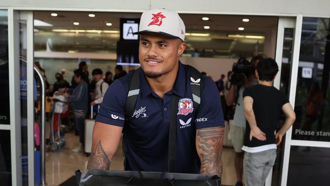 The Daily Telegraph 5.3.2024 Spencer Leniu, pictured, arrives. ARL Commission Chair Peter VÃlandys, NRL CEO Andrew Abdo and Roosters players including Spencer Leniu arrive back in Sydney after the Las Vegas game. Picture: Rohan Kelly