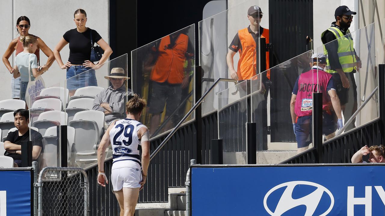 Cameron Guthrie trudges off against Carlton. Picture: Michael Klein