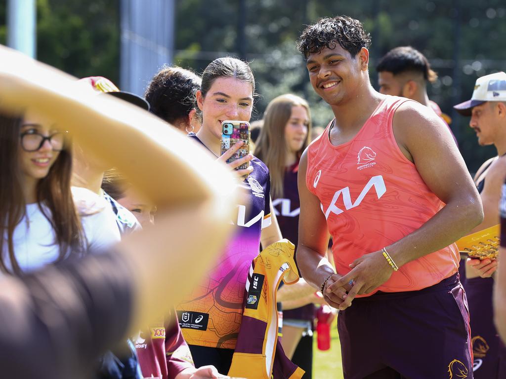 Winger Selwyn Cobbo meeting some of his fans at last week’s captains run. Picture: Adam Head