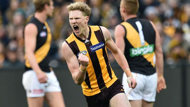 James Sicily of the Hawks reacts during the Round 18 AFL match between the Hawthorn Hawks and the Richmond Tigers at the MCG in Melbourne, Sunday, July 24, 2016. (AAP Image/Julian Smith) NO ARCHIVING, EDITORIAL USE ONLY