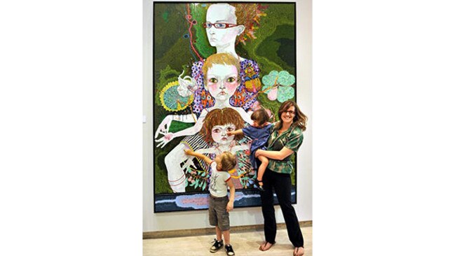 Barton with her kids and her 2008 Archibald Prize winner: You are what is most beautiful about me, a self portrait with Kell and Arella.