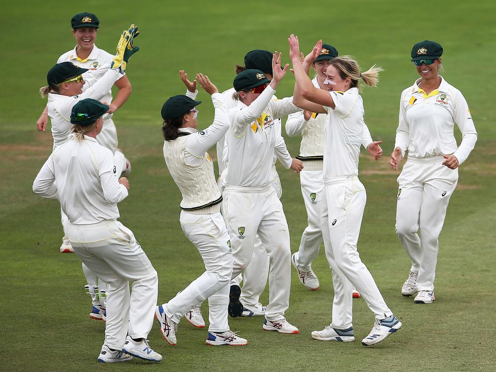 Australia's Ellyse Perry celebrates taking the wicket of England's Tammy Beaumont during day three of the Women's Ashes Test match in 2019. Picture: Mark Kerton/PA Images via Getty Images.