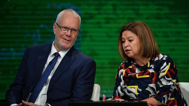 **FILE** A Friday, February 9, 2018 image reissued Monday, September 24, 2018 of former ABC managing director Michelle Guthrie (right) and ABC Chairman Justin Milne during the ABC Annual Public Meeting in Ultimo, Sydney. ABC managing director Michelle Guthrie has been sacked effective immediately because it was "not in the best interests" of the broadcaster for her to stay in the job. Board chairman Justin Milne said the transition to a new leader could be disruptive but discussions had been under way for several months. (AAP Image/Joel Carrett) NO ARCHIVING