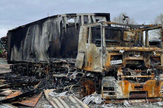 A blasted farm vehicle near Chernihiv, northern Ukraine. Pictue: Agricom Group