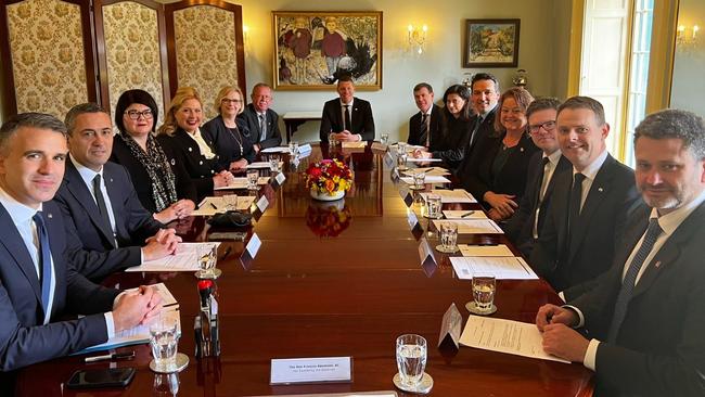 Ministers, including Premier Peter Malinauskas, during a cabinet meeting at Government House on September 11 after the Queen died and before the King's proclamation. Deputy Premier Susan Close was away. Picture: State Government