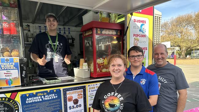 Archer with his mum and dad, Shellee and Ian Craig, and family friend Aidan Drury at the Thorndon Park Primary School polling booth in the Sturt electorate. Picture: Sam Lowe