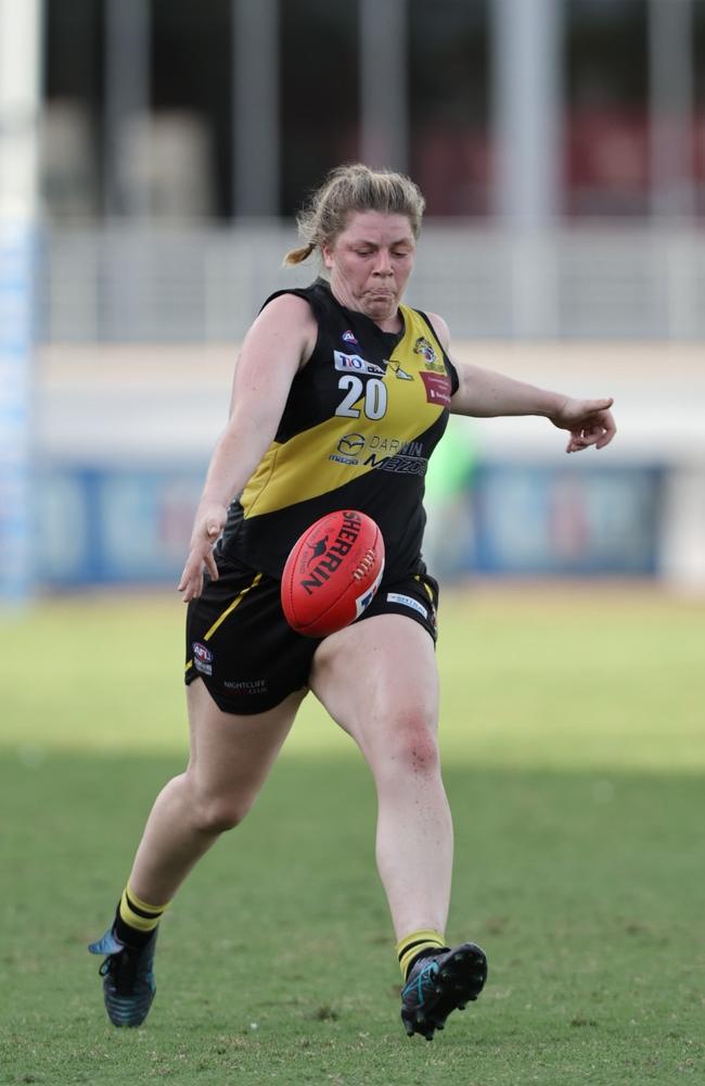 Lucy Northcott playing for the Nightcliff Tigers against PINT in the 2024-25 NTFL women's prelim final. Picture: Pema Tamang Pakhrin