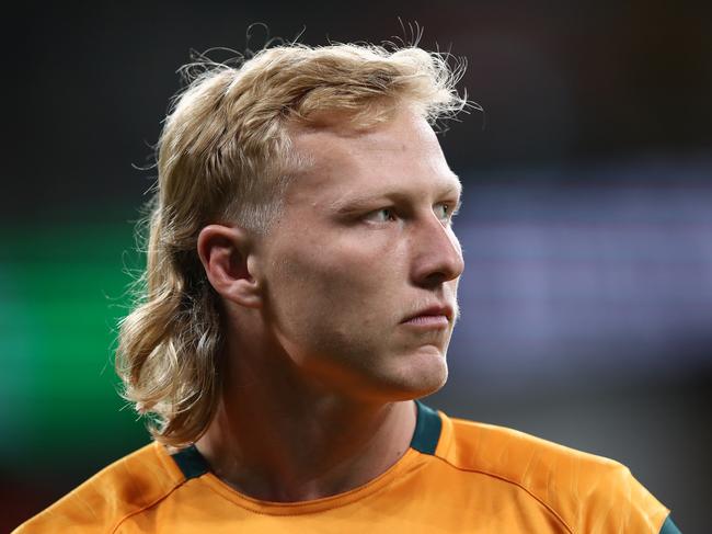 SYDNEY, AUSTRALIA - JULY 15: Carter Gordon of the Wallabies looks on prior to The Rugby Championship match between the Australia Wallabies and Argentina at CommBank Stadium on July 15, 2023 in Sydney, Australia. (Photo by Jason McCawley/Getty Images)